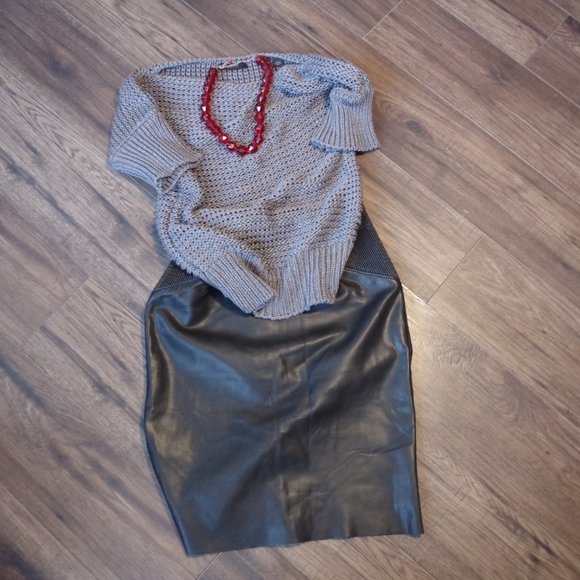 Gray Knit Sprit Sweater& Faux Leather Skirt - Picture 3 of 15